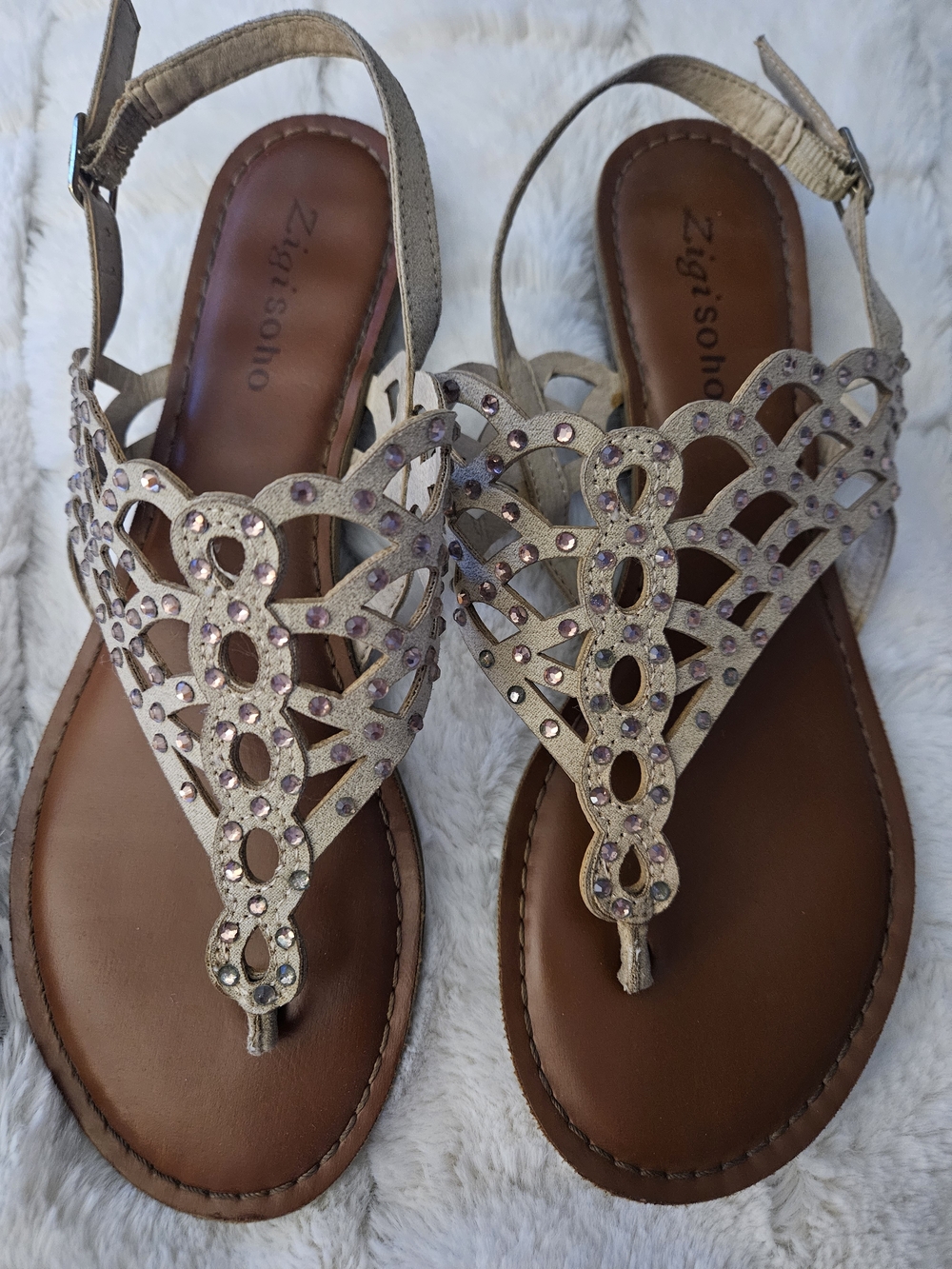 Zigi Soho Champagne Jeweled Cutout T-Strap Sandals